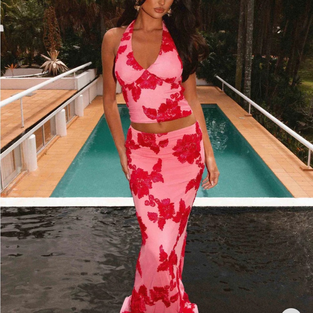 Peppermayo Pink Maxi Skirt Set with Red Floral Appliqué